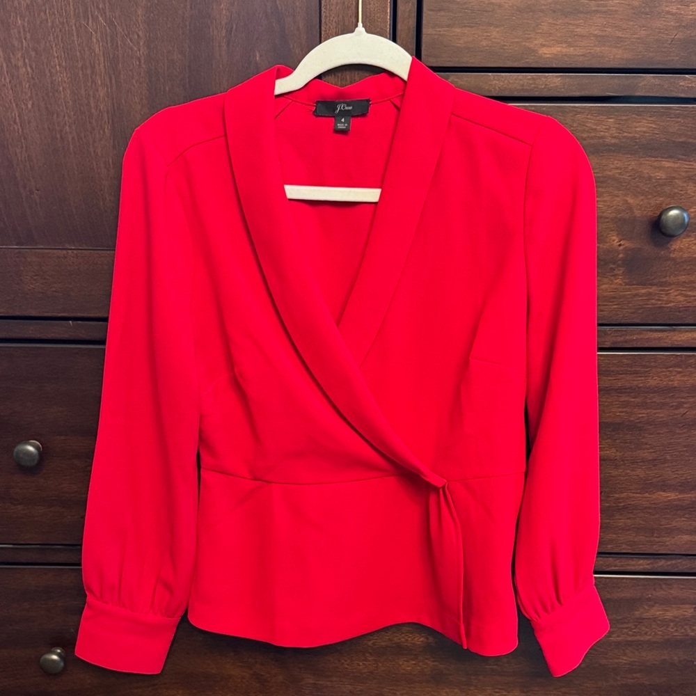 J.Crew Red Wrap Blouse Size 4 Long Sleeve Peplum Tie Waist Top Career Holiday